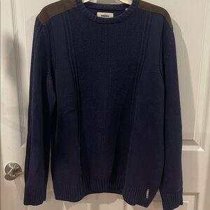 Mexx Men's Navy and Brown Crewneck Sweater large suede patch